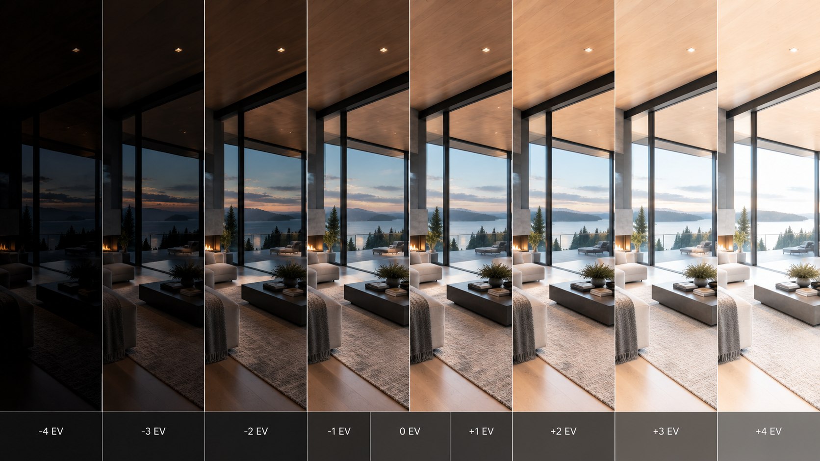 A luxury interior shown across nine exposure values from minus four to plus four EV