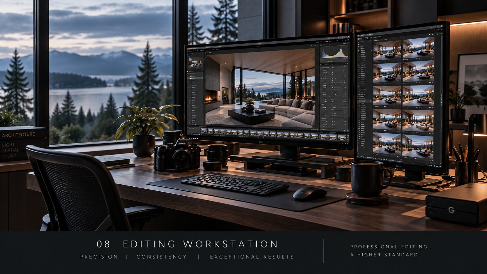 A professional real estate photography editing workstation