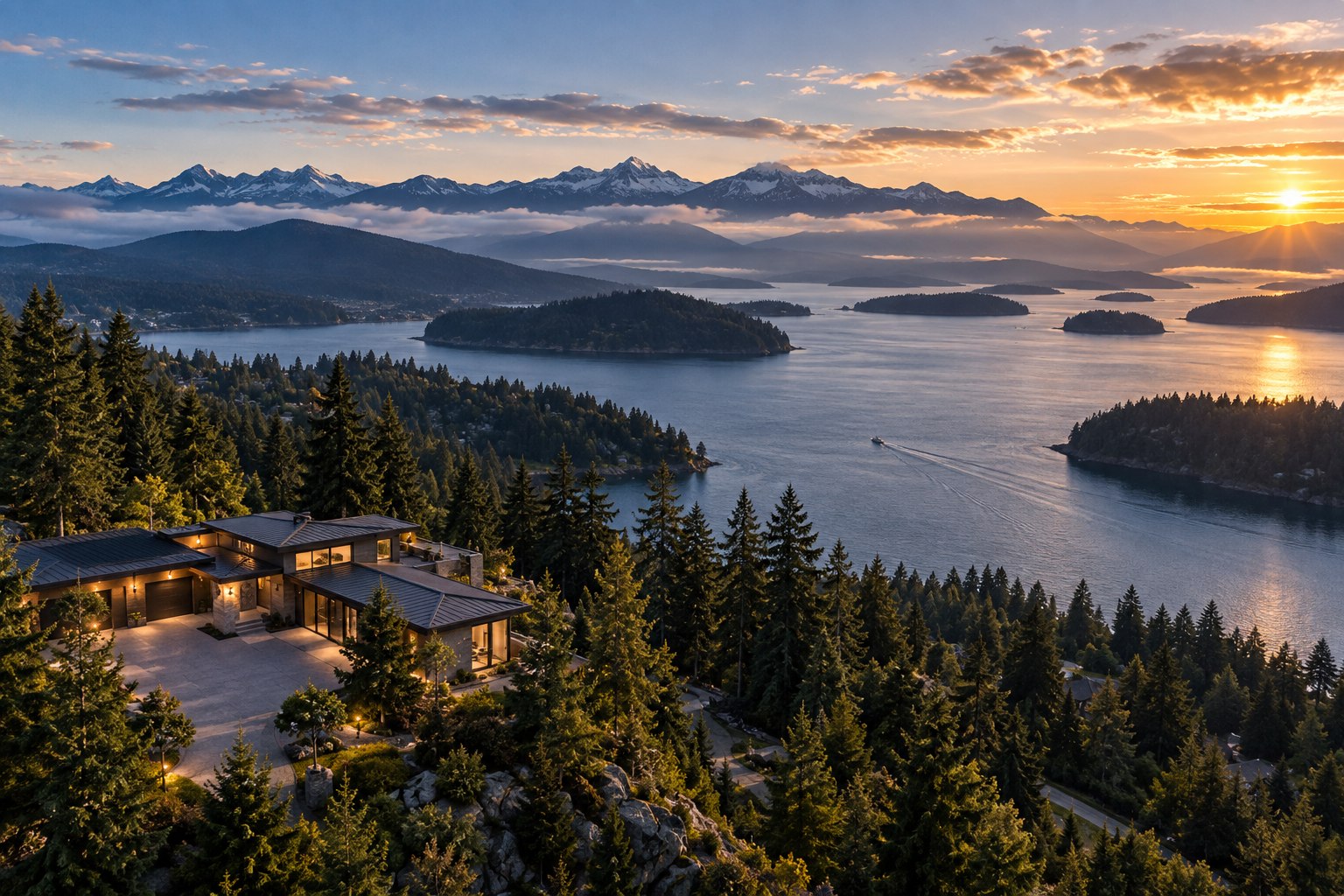 Aerial view across Washington mountains and waterways