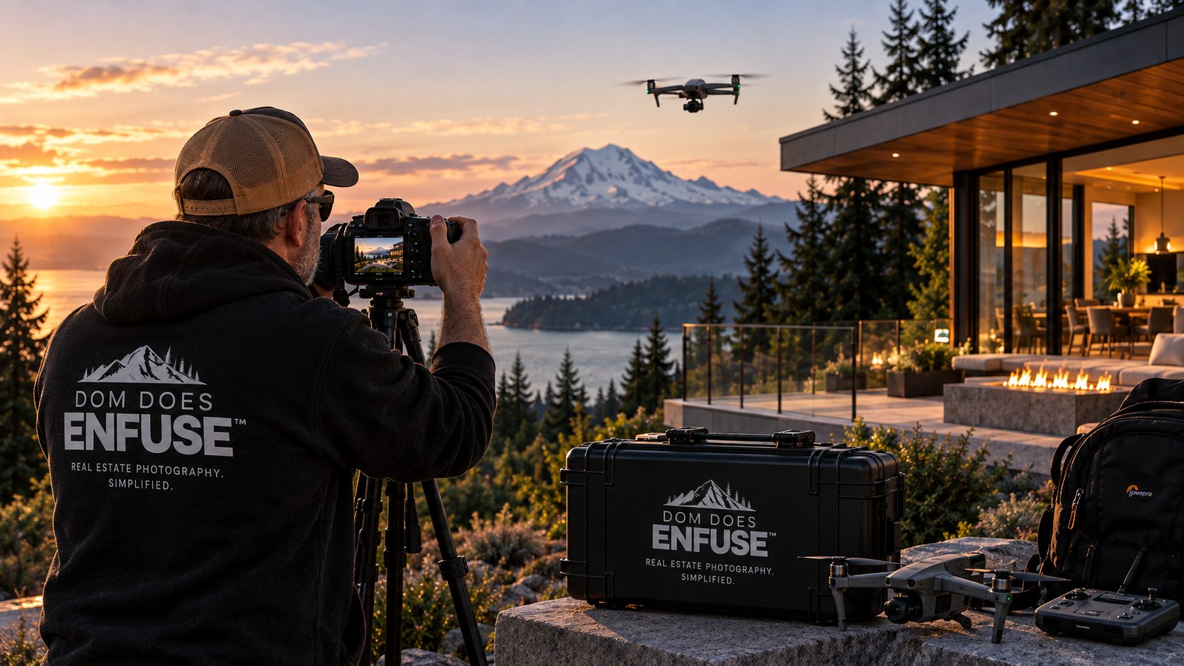 A real estate photographer working on location in the Pacific Northwest